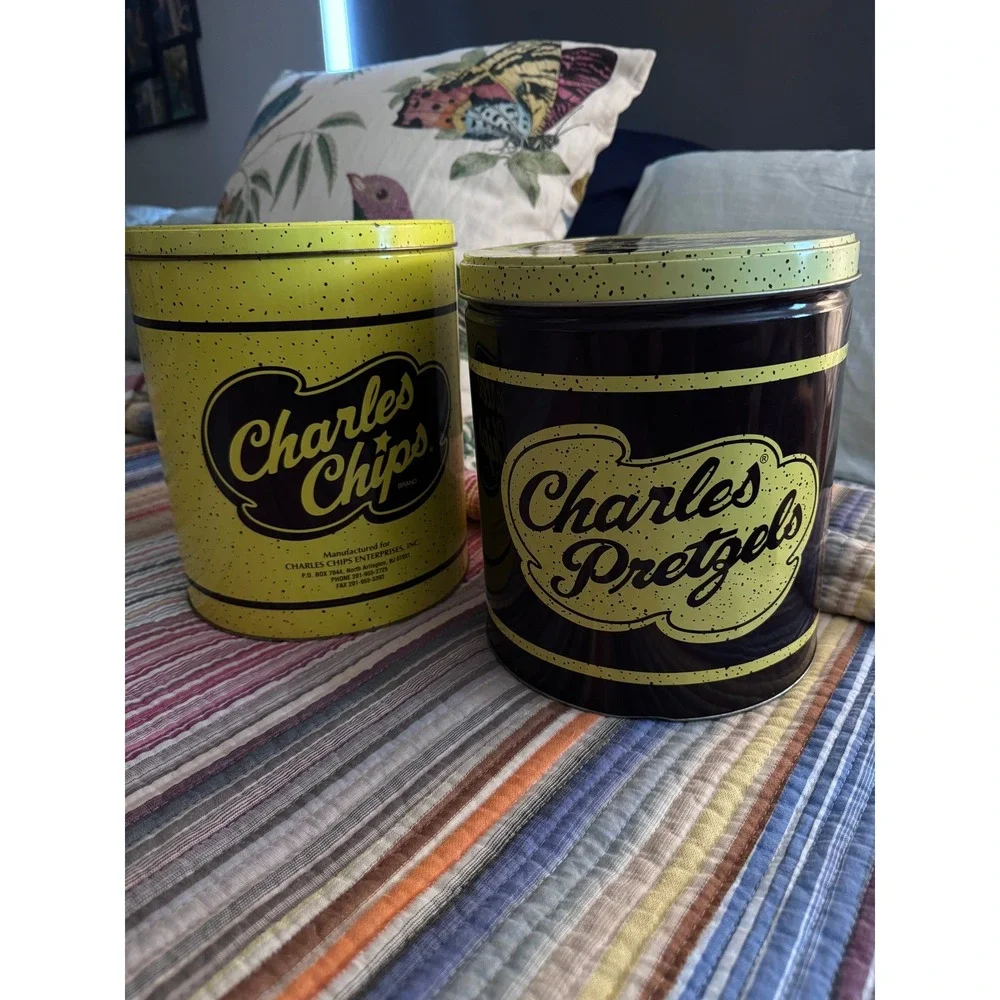 Vintage Charles Chips and Charles Pretzels Tin Set Yellow Brown Retro Snack Cans
